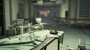 CGI Abandoned hospital corridor with overturned beds and neglected belongings video