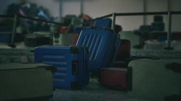 CGI Abandoned airport terminal with scattered luggage in disarray during dusk video