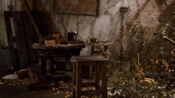 CGI A weathered wooden stool in a rustic indoor space with overgrown vegetation video
