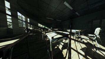 CGI Abandoned classroom with empty desks and sunlight streaming in video