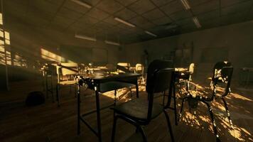 CGI Sunlit, dusty, abandoned classroom in a forgotten building video