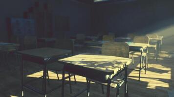 CGI Abandoned school classroom with dusty desks and sunlight streaming in video
