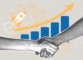 Trendy halftone collage. Business partnership and growth. Concept of agreement, launch, and sales schedule, transactions. illustration vector