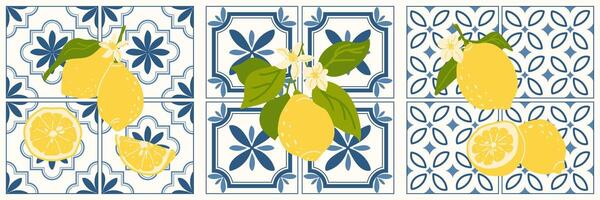 Background with Italian geometric tiles and lemon branches with flowers. Mediterranean azulejo. Traditional blue geometric background texture. vector