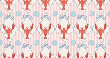 Vintage seamless pattern with hand-drawn bows, lobsters, and seashells. Modern coastal background. Vintage damask pattern. illustration vector