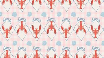 Cute nautical seamless pattern with a hand-drawn lobster in a ribbon frame and shells. Elegant vintage Mediterranean background. vector