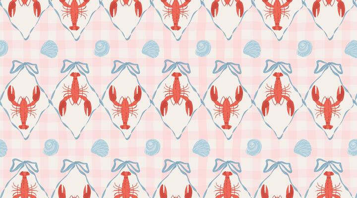 Cute nautical seamless pattern with a hand-drawn lobster in a ribbon frame and shells. Elegant vintage Mediterranean background.