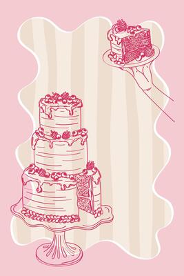 illustration in doodle style. Illustration of elegant wedding cake on striped background. Dolce vita style poster sketch.
