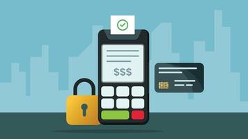 Secure Credit Card Payment with POS Terminal, Lock Icon, and City Background Illustration vector