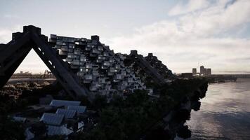 CGI Modern architectural complex along the river at dusk with urban skyline video
