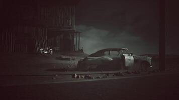 CGI Abandoned vintage car in a desolate area near an old wooden building at night video