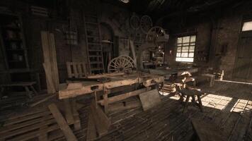 CGI Old carpentry workshop with vintage tools and rustic wooden furniture video