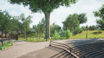 CGI Serene park landscape with lush trees and gentle pathways on a sunny day video