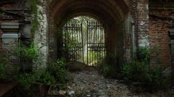 CGI Ruins of an old European mansion gate surrounded by overgrown foliage video