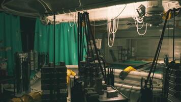 CGI Science laboratory equipment arranged in a secret bunker during night hours video