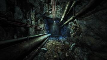 CGI Exploring a dimly lit underground bunker with exposed pipes video