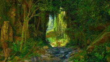 CGI Lush green valley in China with a stream flowing through rocky terrain video