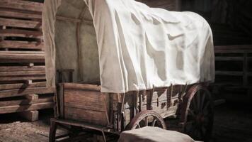 CGI Covered wooden wagon resting on a farm during the afternoon sunlight video