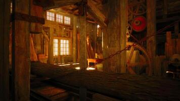 CGI Exploring the interior of a vintage watermill with wooden structures and gears video