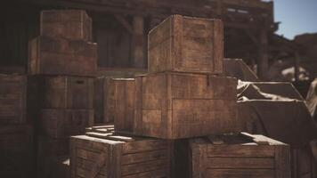 CGI Wooden crates stacked in a dusty old warehouse during golden hour light video