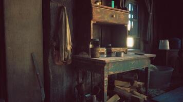 CGI Old wooden desk in a rustic cabin with natural light in the afternoon video