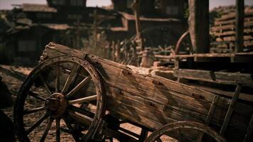 CGI Old wooden cart in a rustic western town during sunset video
