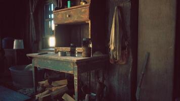 CGI Rustic wooden table with jars and firewood in a cozy cabin during daylight video