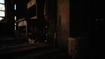CGI Abandoned interior of a rustic cabin with old furniture and dim lighting video