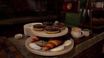 CGI Selection of baked goods displayed elegantly in a cozy cafe setting video