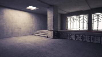 CGI Modern industrial interior space with large window and concrete elements video
