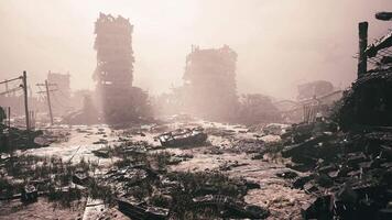 CGI Dystopian landscape features crumbling buildings and debris in desolate area video