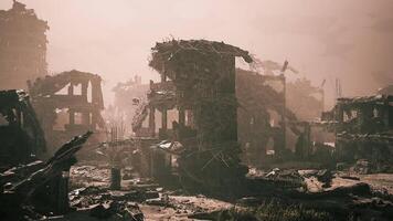 CGI Abandoned ruins of a decimated city under a hazy sky at dusk video