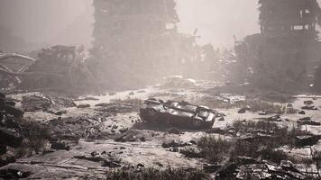 CGI Abandoned vehicle in a post apocalyptic landscape at dusk video