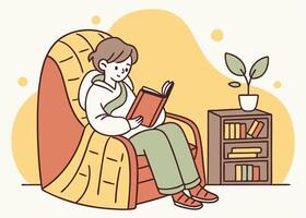 Illustration of person reading book in chair with plant and bookcase vector