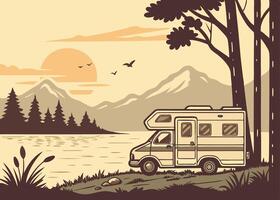 Rv camping adventure by lake with mountains and trees illustration vector