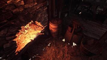CGI Old forge with glowing embers and wooden barrels in rustic workshop video