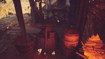 CGI Forge tools and warm fire in traditional blacksmith workshop setting video