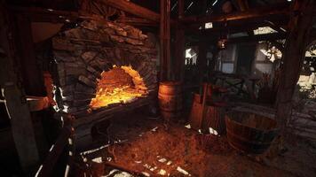 CGI Old forge with glowing embers and rustic wooden tools in a traditional workshop video