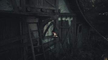 CGI Mysterious lantern hanging outside an old wooden structure at dusk video