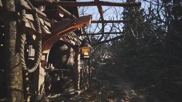 CGI Old wooden structure with lantern in a forest pathway during daylight video