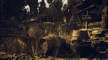 CGI Forgotten tools and barrels in a rustic outdoor environment under sunlight video