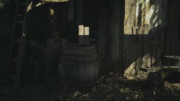 CGI Rustic wooden structure with a barrel and overgrown vegetation during daylight video