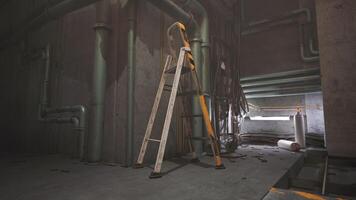 CGI Industrial space with a ladder and exposed pipes in a dimly lit area video