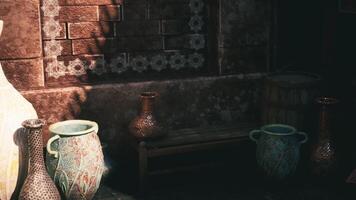 CGI Colorful pottery and rustic decor in a traditional marketplace setting video