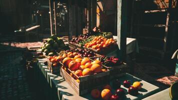 CGI Fresh fruits displayed on a market stall during golden hour in a lively setting video