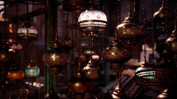 CGI Intricate hanging lanterns illuminate a vibrant market in the evening video
