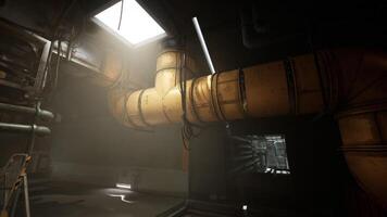 CGI Industrial space with large pipes and natural light filtering through video