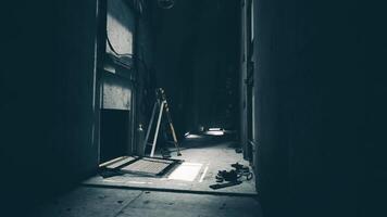 CGI Dimly lit hallway with construction tools and a ladder in a building video