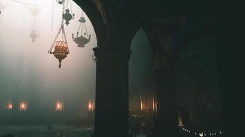 CGI Light filters through arches in an ancient cathedral during twilight video