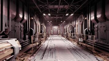 cgi trogen korridor med metallisk väggar och en ljus utgång i en sci fi miljö video